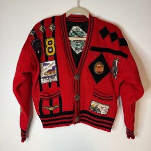 RARE Vintage JouJou 80s 90s Heavens Devils Moto Patches Chunky Cardigan